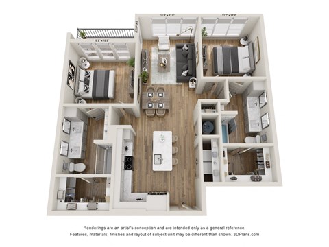 Floor plan for 2 beds, 2 baths, 1242 sqft